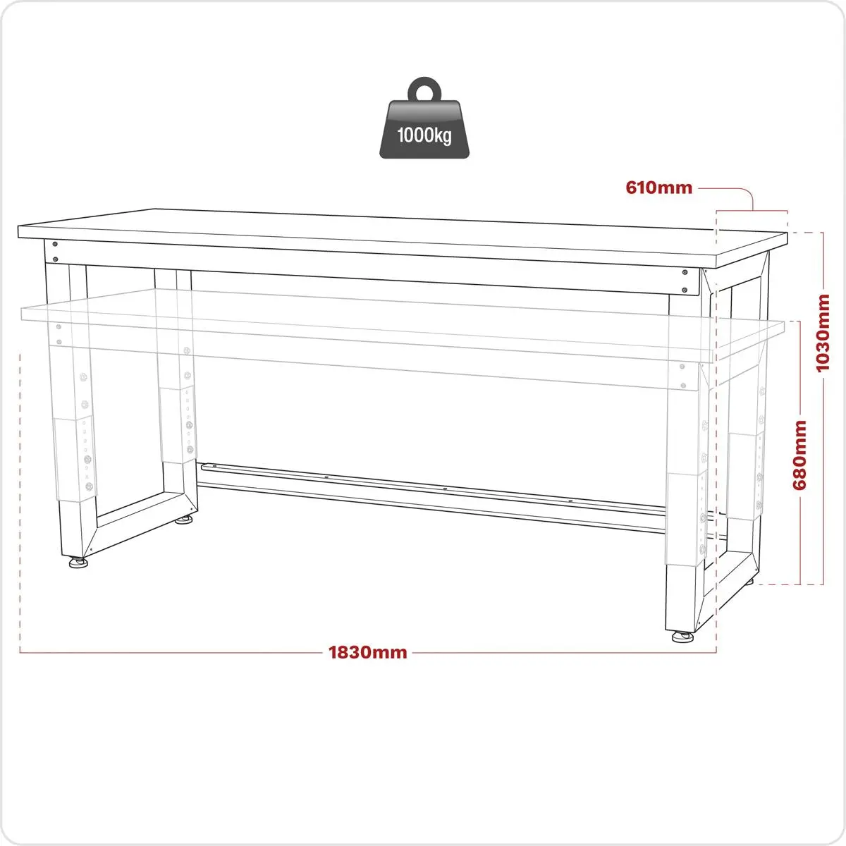 Sealey Premier Steel Adjustable Workbench with Wooden Worktop 1830mm - Heavy-Duty - Image 3