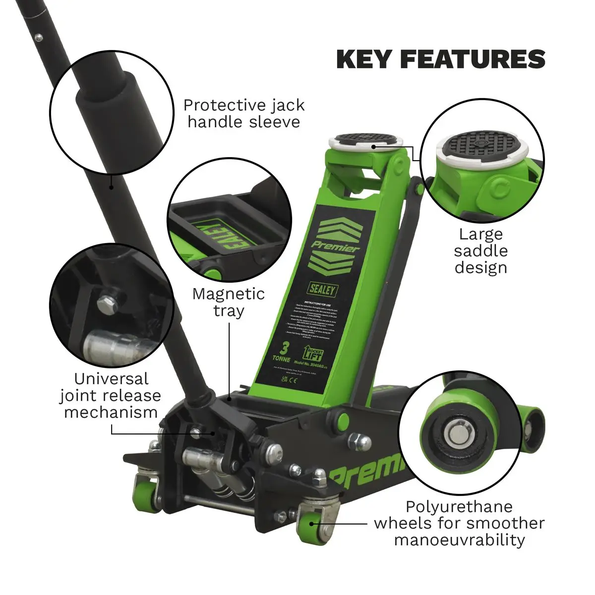 Sealey Premier 3 Tonne Rocket Lift Trolley Jack Green - Image 2