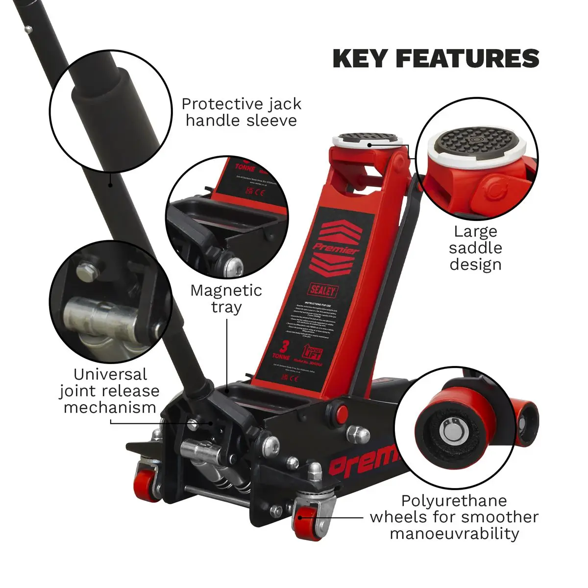Sealey Premier Premier Low Profile Trolley Jack with Rocket Lift 3 Tonne - Red - Image 3