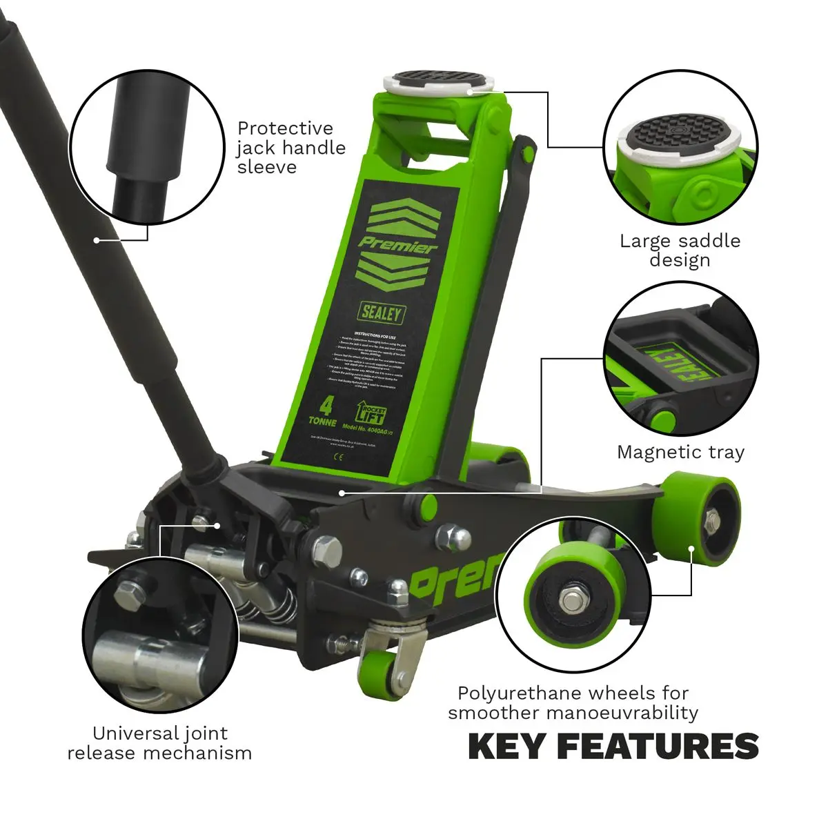 Sealey Premier Premier Low Profile Trolley Jack with Rocket Lift 4 Tonne - Green - Image 9