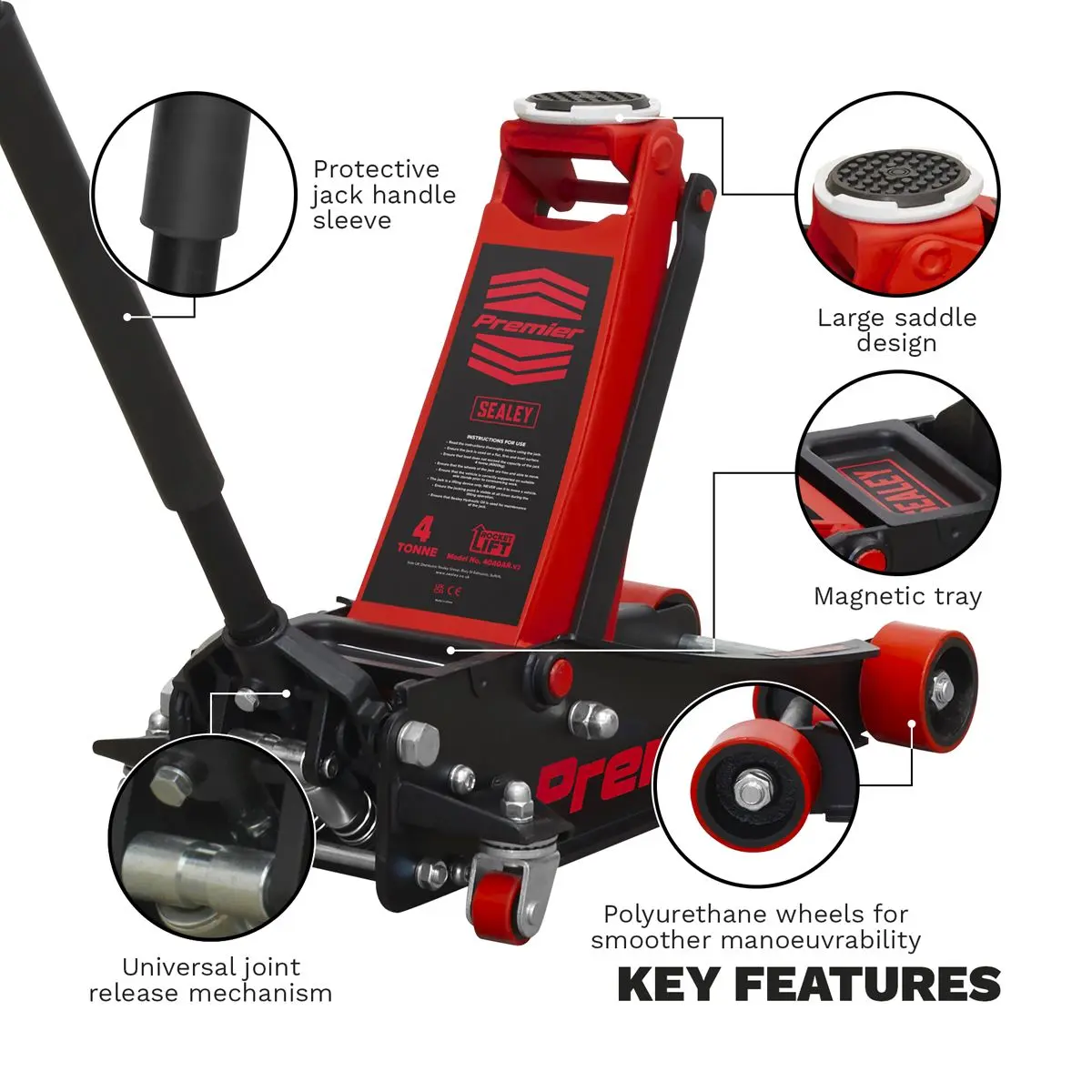 Sealey Premier Premier Low Profile Trolley Jack with Rocket Lift 4 Tonne - Red - Image 3