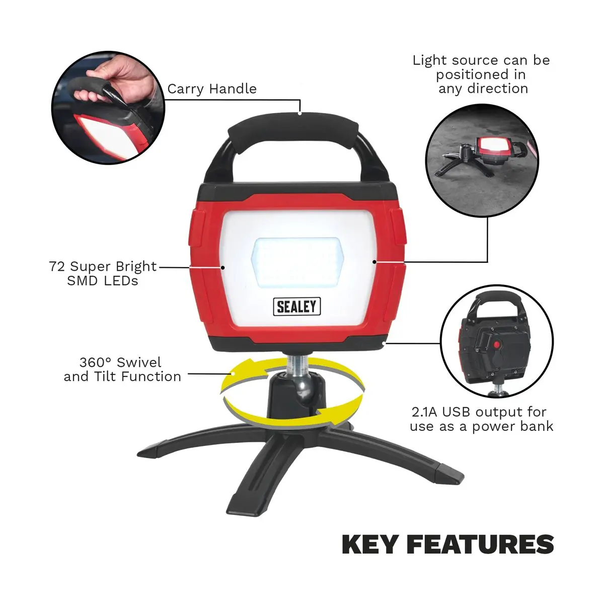 Sealey Rechargeable 360° Floodlight 36W SMD LED Portable Red Lithium-ion - Image 4