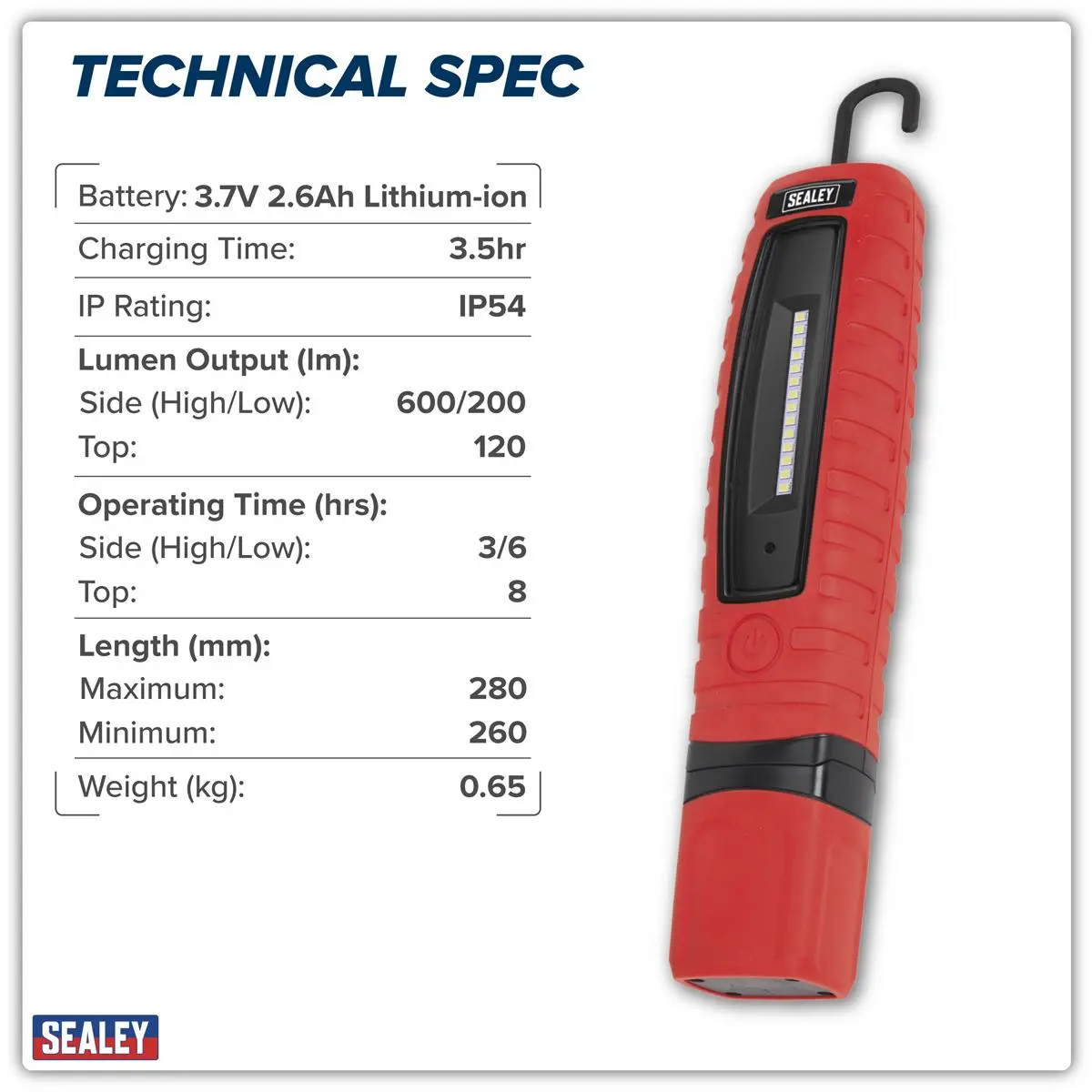 Sealey Rechargeable 360° Inspection Light 8W & 3W SMD LED Red Lithium-ion - Image 2