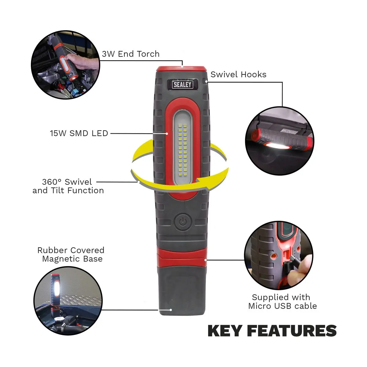 Sealey Rechargeable 360° Inspection Lamp 24 SMD LED + 3W LED Red 1000 Lumens - Image 6