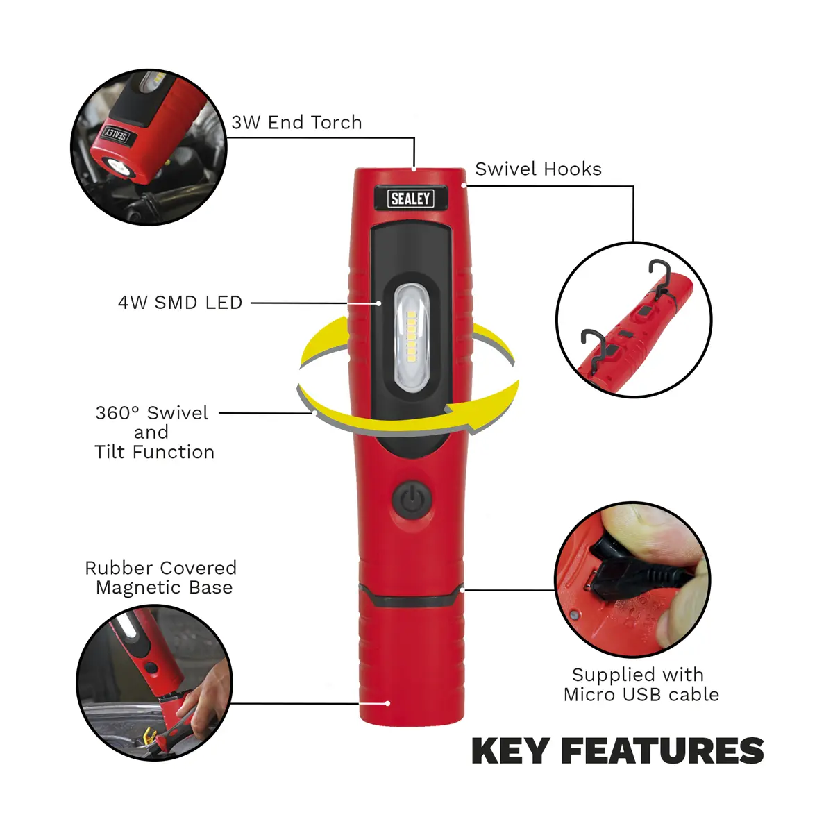 Sealey Rechargeable 360° Inspection Light 4W & 3W SMD LED - Red - Image 19