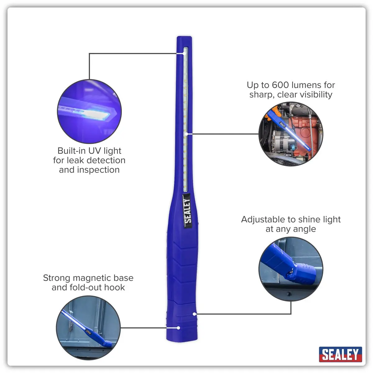 Sealey Rechargeable 360° Slim Inspection Light 8W & 1W SMD LED& UV Light Black Lithium-ion - Image 2