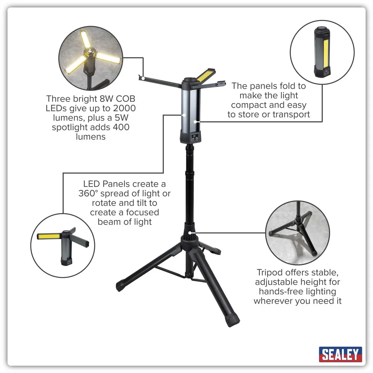 Sealey Rechargeable Flexible Floodlight with Tripod 24W COB LED & 5W SMD LED - Image 19