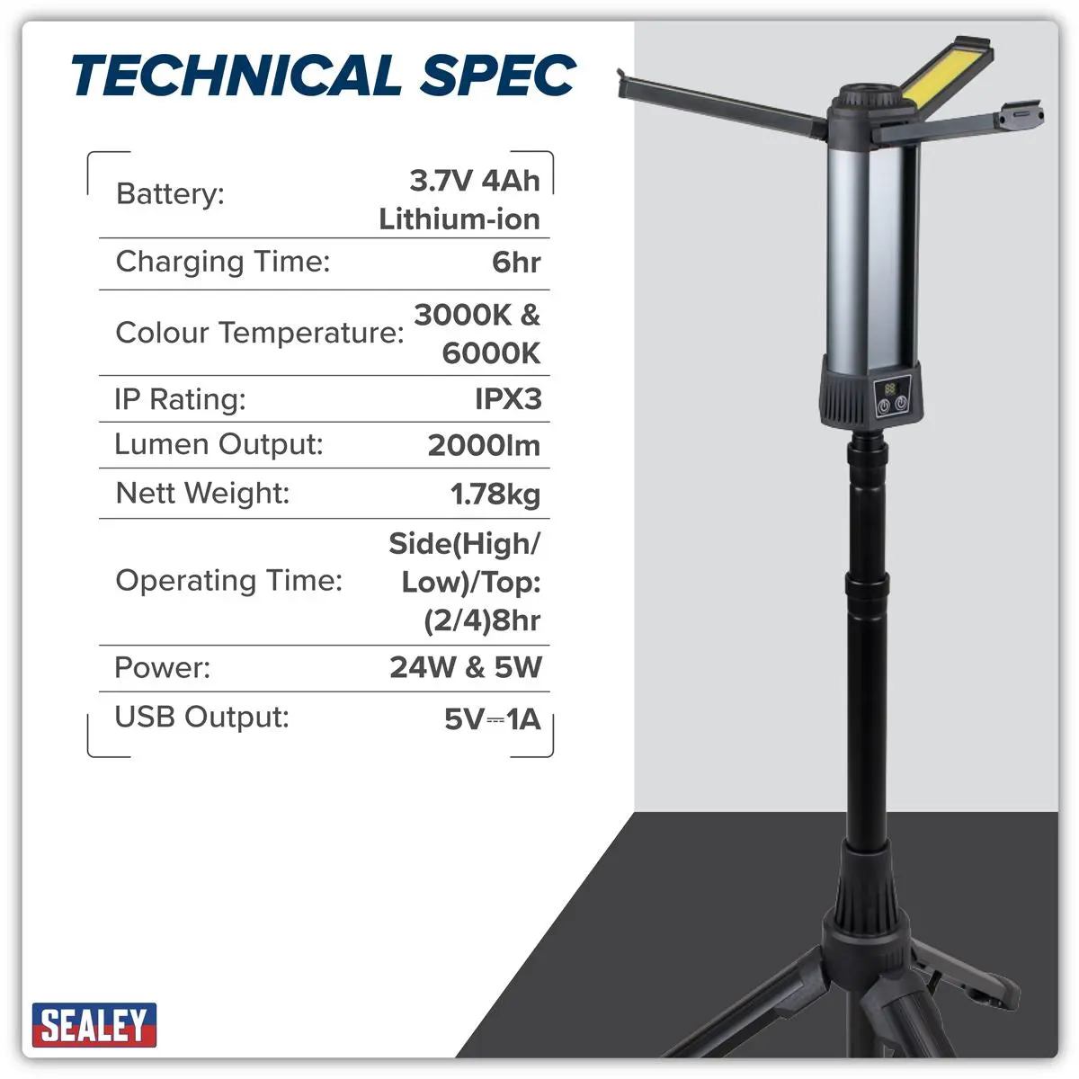Sealey Rechargeable Flexible Floodlight with Tripod 24W COB LED & 5W SMD LED - Image 20