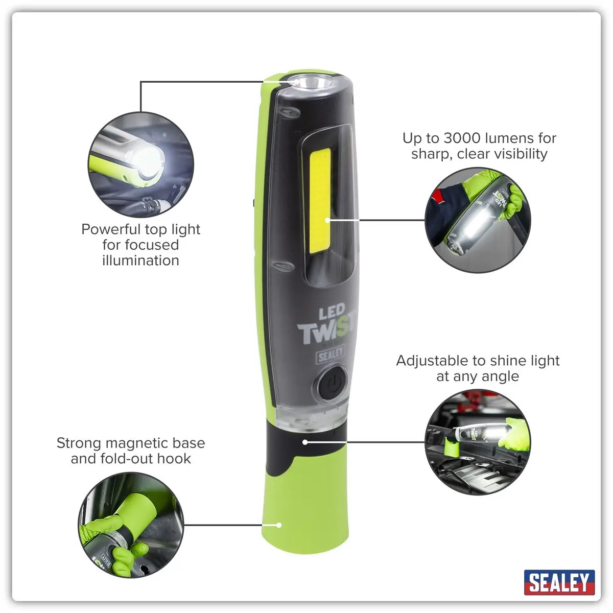 Sealey Rechargeable LED Twist® Inspection Light 20W COB + 3W SMD, 3000lm, Magnetic Base & Power Bank - Image 10