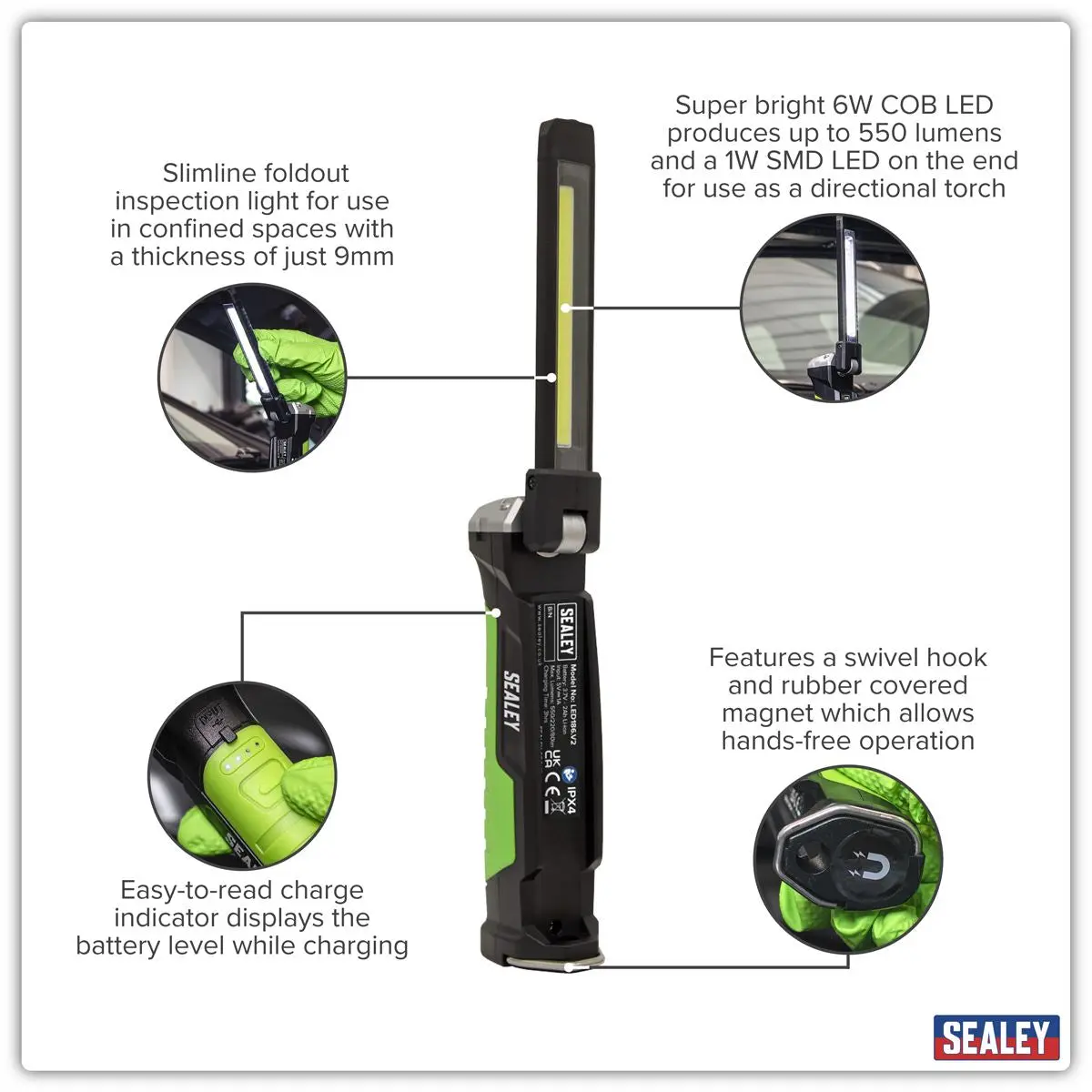 Sealey Rechargeable Slim Folding Inspection Light 6W COB LED & 1W SMD LED Lithium-ion - Image 10