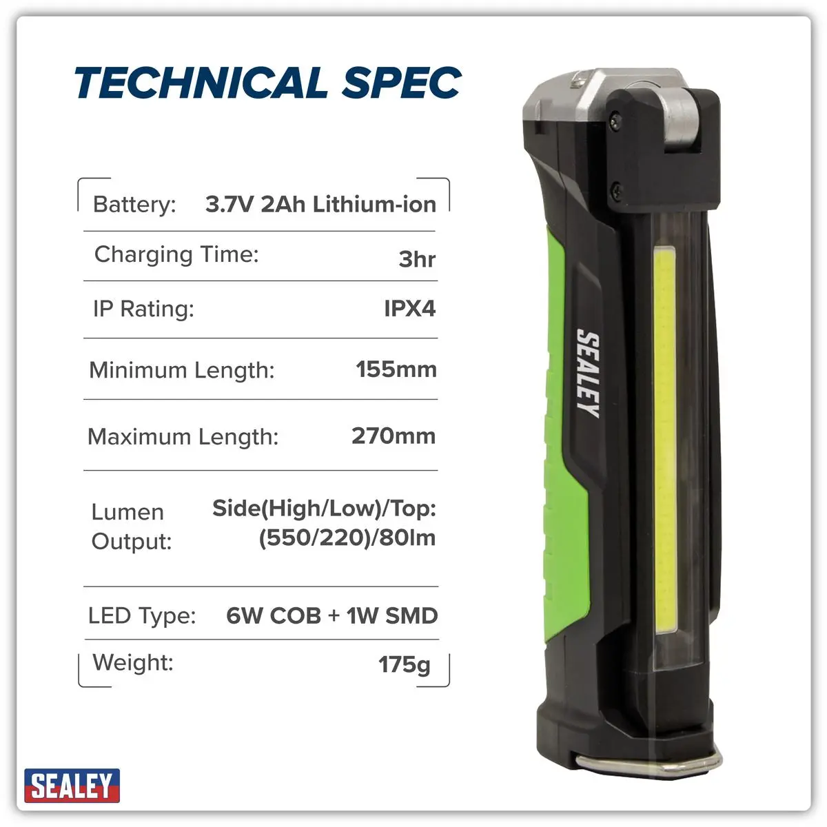 Sealey Rechargeable Slim Folding Inspection Light 6W COB LED & 1W SMD LED Lithium-ion - Image 13