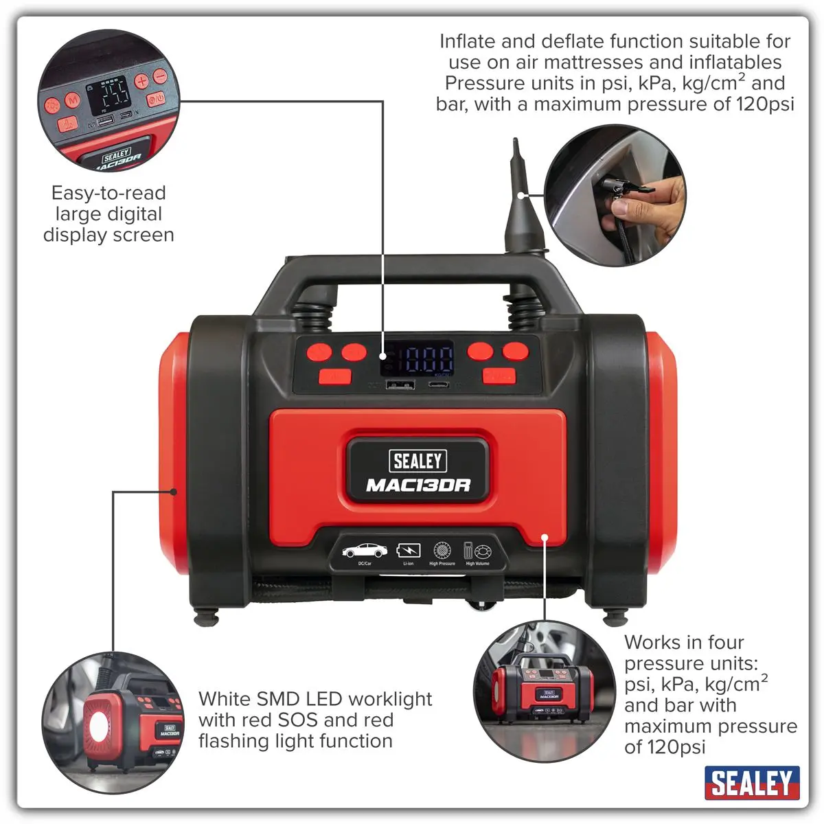 Sealey Rechargeable Tyre Inflator & High Volume Air Pump 12V - Image 12