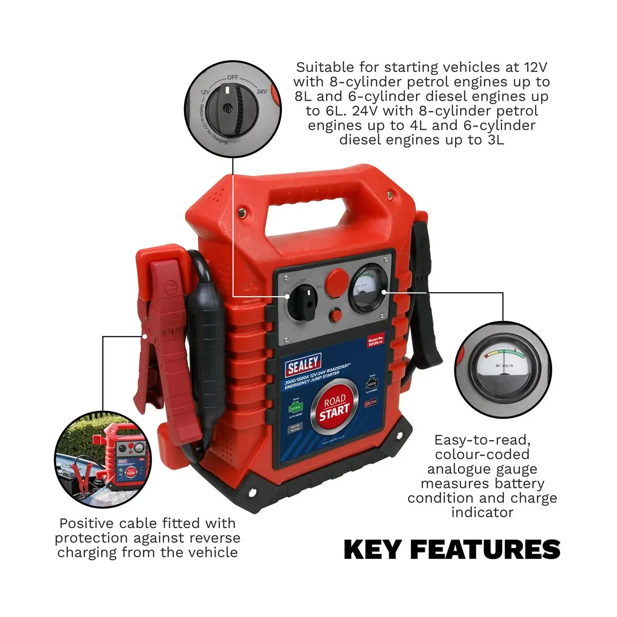 Sealey RoadStartĀ® Emergency Jump Starter 12/24V 3000/1500 Peak Amps - Image 3