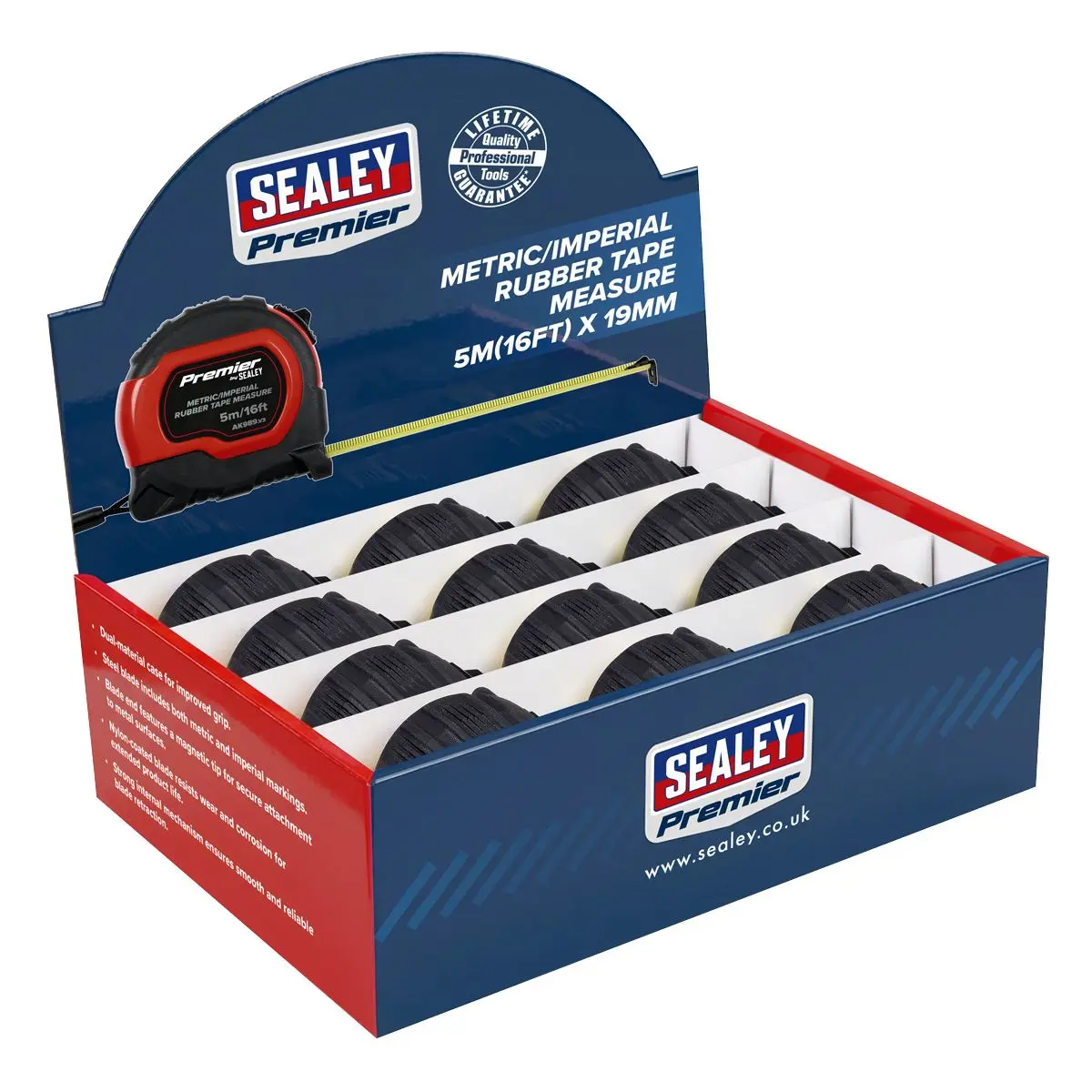 Sealey Premier Metric/Imperial Rubber Tape Measure 5m(16ft) x 19mm - Display Box of 12 - Image 3