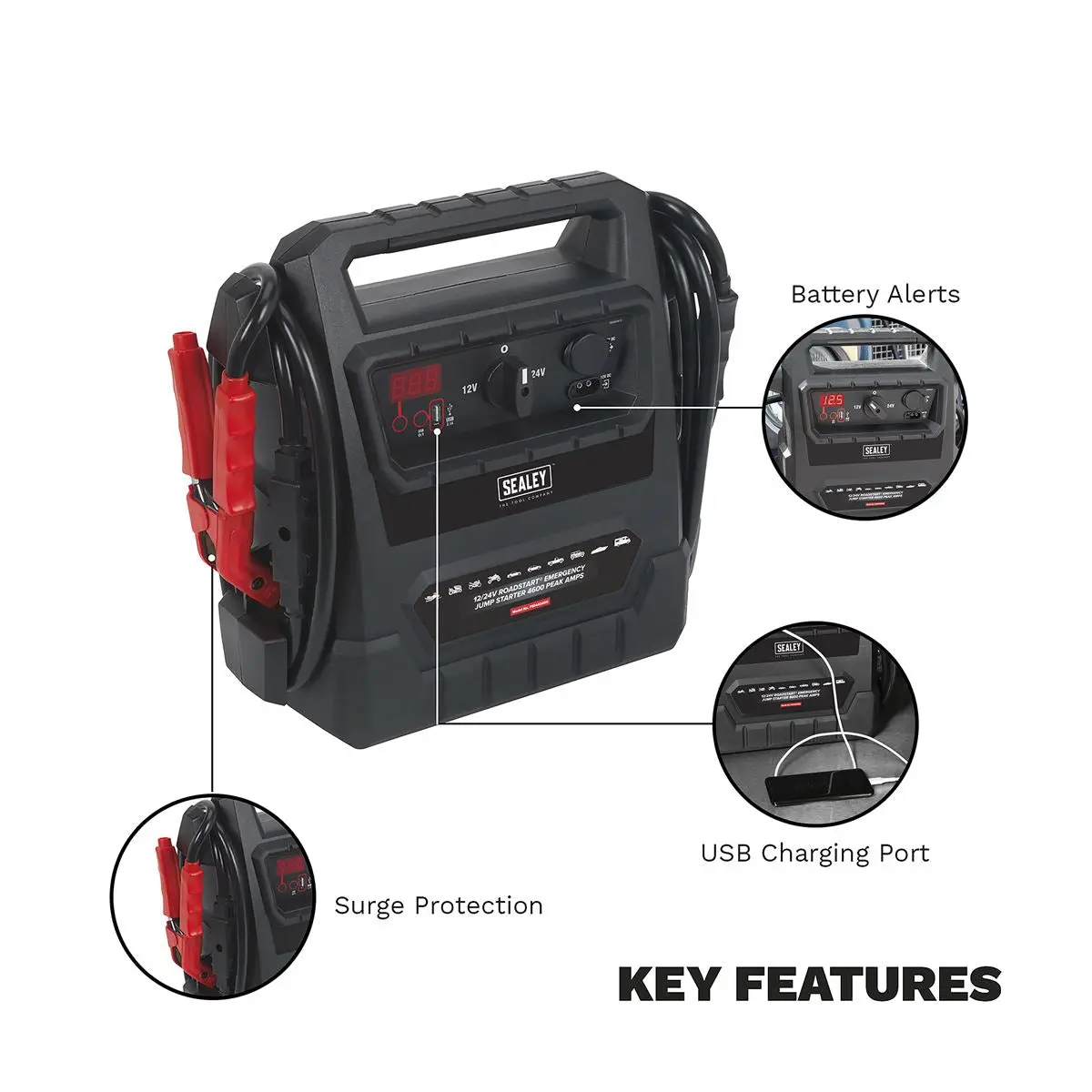 Sealey RoadStartĀ® Emergency Jump Starter 12/24V 4600 Peak Amps - DEKRA Approved - Image 7