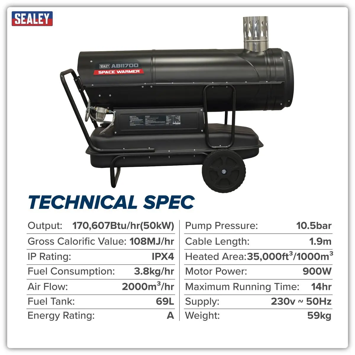 Sealey Space Warmer® Indirect Kerosene/Diesel Heater with Wheels 170,000Btu/hr - Image 11