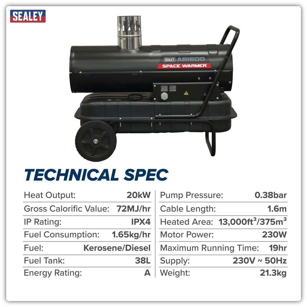 Sealey Space Warmer® Indirect Kerosene/Diesel Heater with Wheels 68,000Btu/hr - Image 5