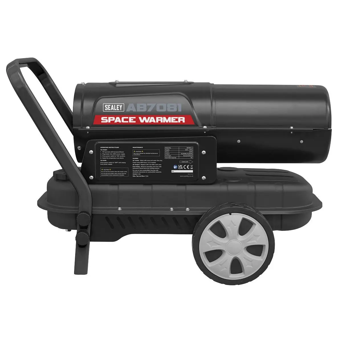 Sealey Space Warmer® Kerosene/Diesel Heater 70,000Btu/hr with Wheels - Image 2