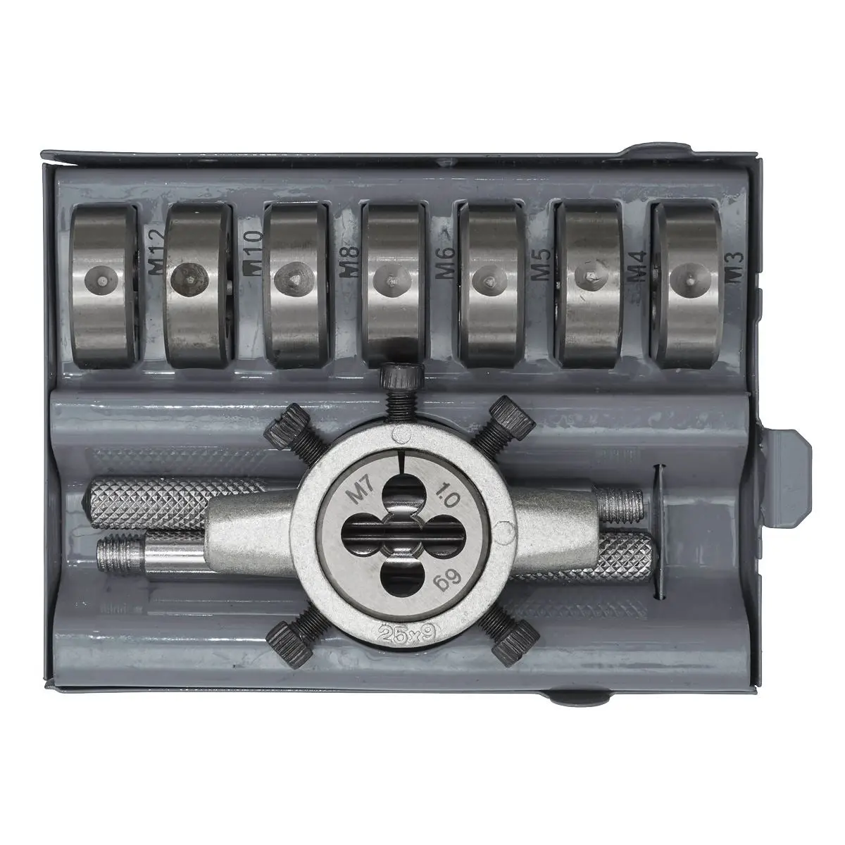 Sealey Split Die Set 9 Piece Metric M3-M12 with Steel Die Holder - Image 2