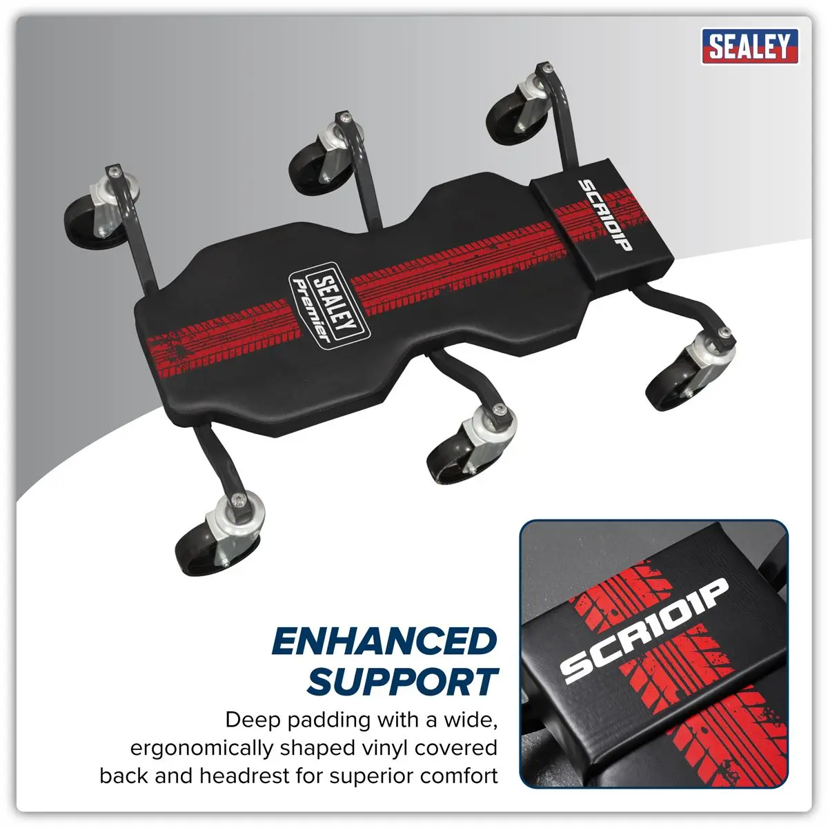 Sealey Steel Creeper with 6 Rough Ground 5" Wheels & Headrest - Image 5