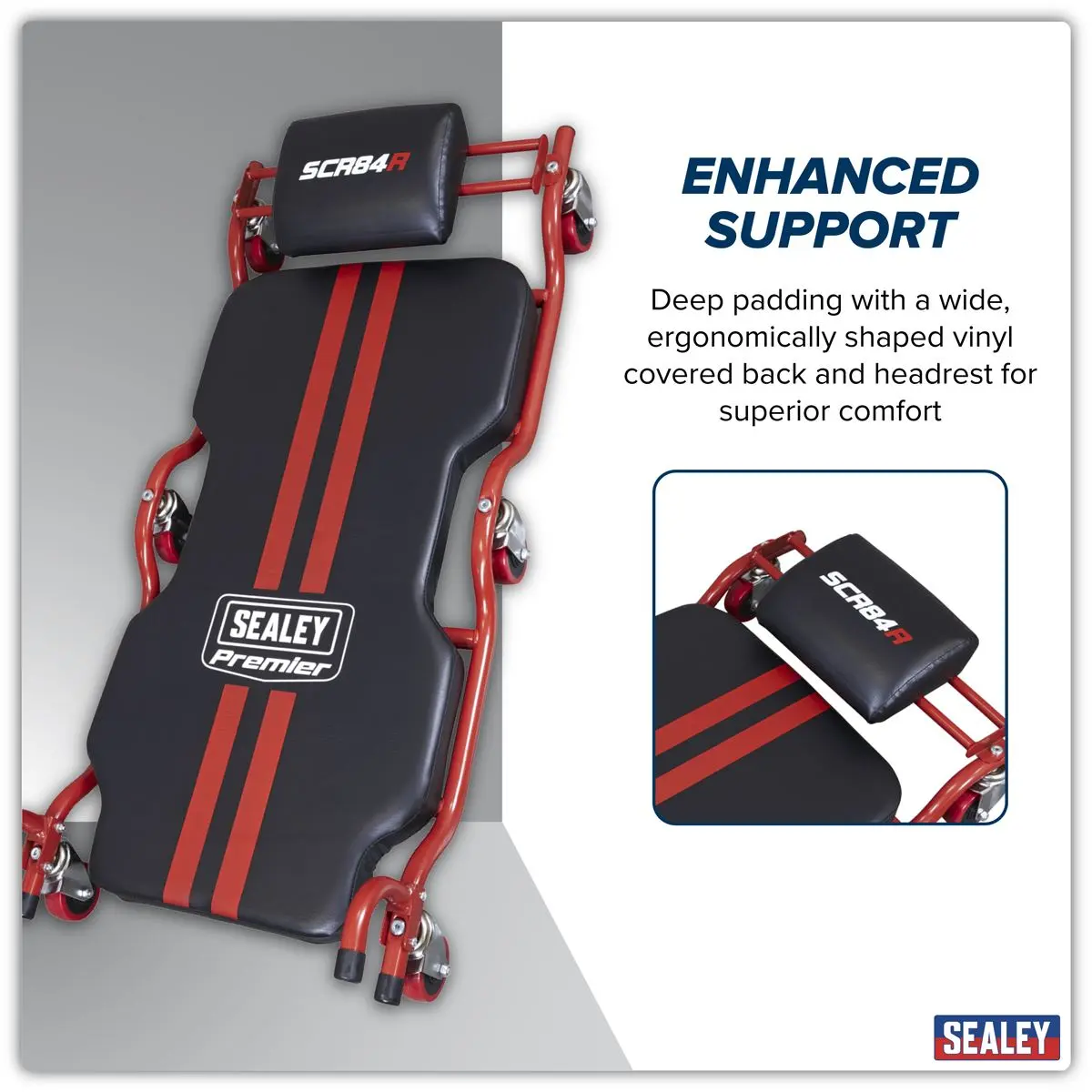 Sealey Premier Deluxe Steel Creeper with 6 Wheels & Headrest - Image 3