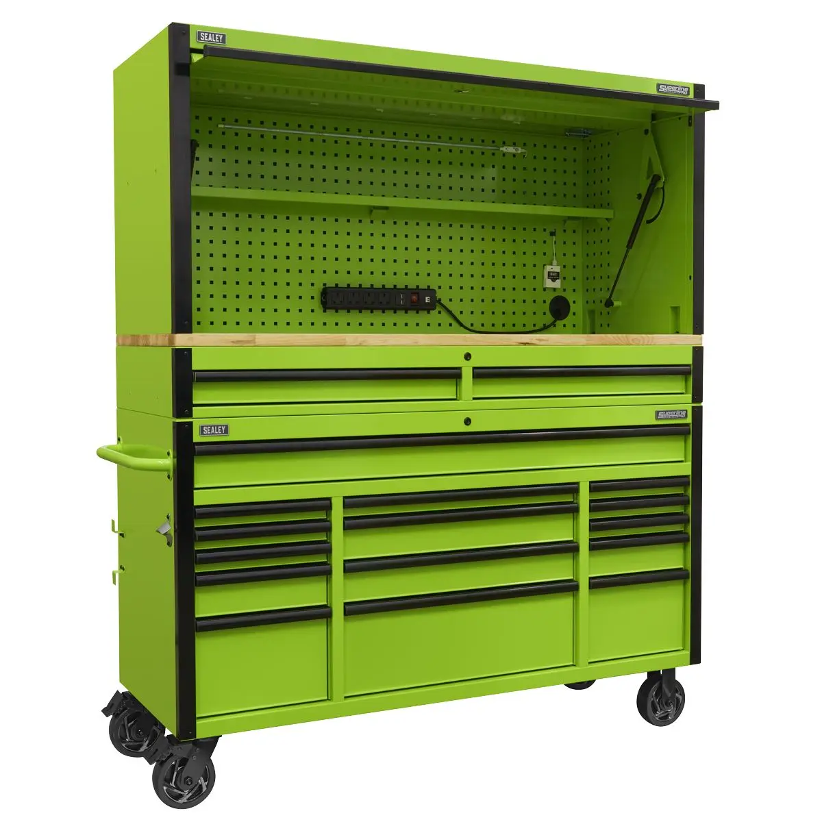 Sealey Superline Pro 15 Drawer 1549mm Mobile Trolley with Wooden Worktop and Hutch and 2 Drawer Riser - Image 14