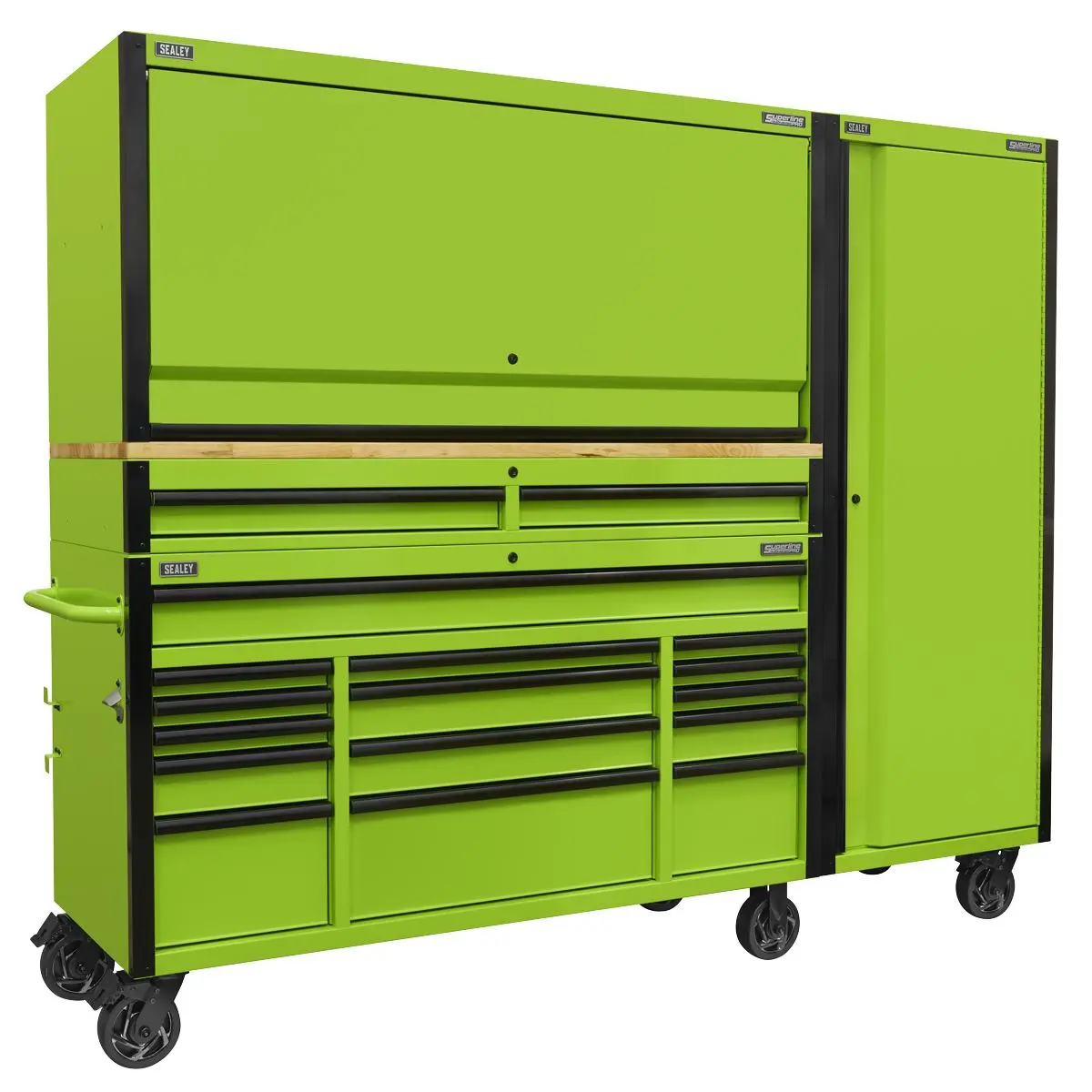 Sealey Superline Pro 15 Drawer 1549mm Mobile Trolley with Wooden Worktop, Hutch, 2 Drawer Riser & Side Locker