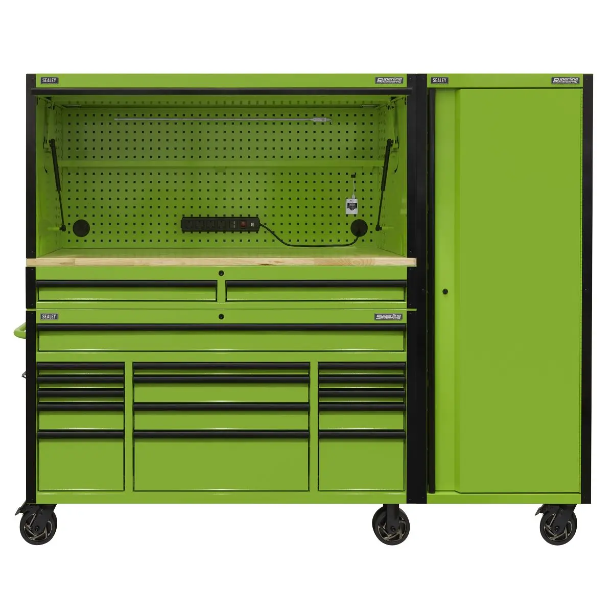 Sealey Superline Pro 15 Drawer 1549mm Mobile Trolley with Wooden Worktop, Hutch, 2 Drawer Riser & Side Locker - Image 14