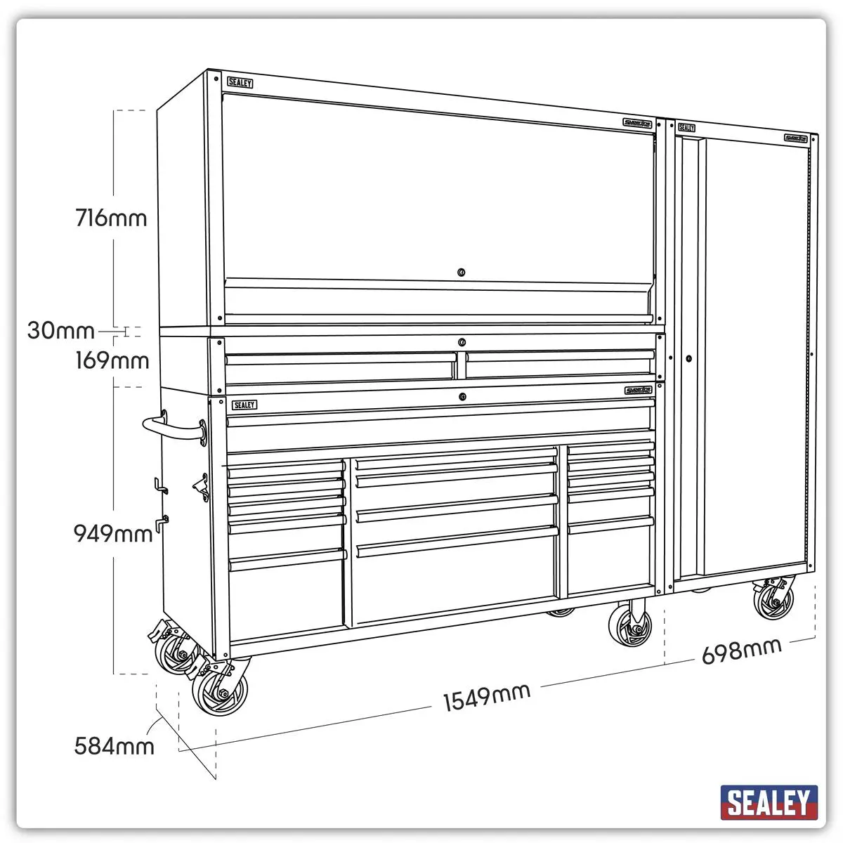Sealey Superline Pro 15 Drawer 1549mm Mobile Trolley with Wooden Worktop, Hutch, 2 Drawer Riser & Side Locker - Image 2