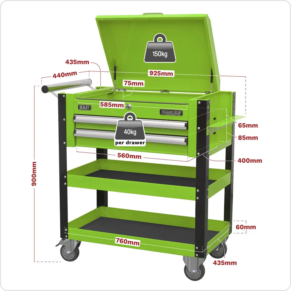 Sealey Superline Pro Heavy-Duty Mobile Tool & Parts Trolley 2 Drawers & Lockable Top - Green - Image 3