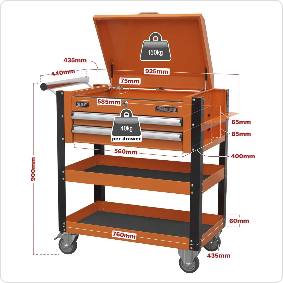 Sealey Superline Pro Heavy-Duty Mobile Tool & Parts Trolley 2 Drawers & Lockable Top - Orange - Image 3