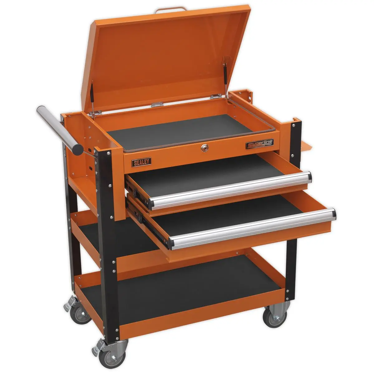 Sealey Superline Pro Heavy-Duty Mobile Tool & Parts Trolley 2 Drawers & Lockable Top - Orange - Image 4
