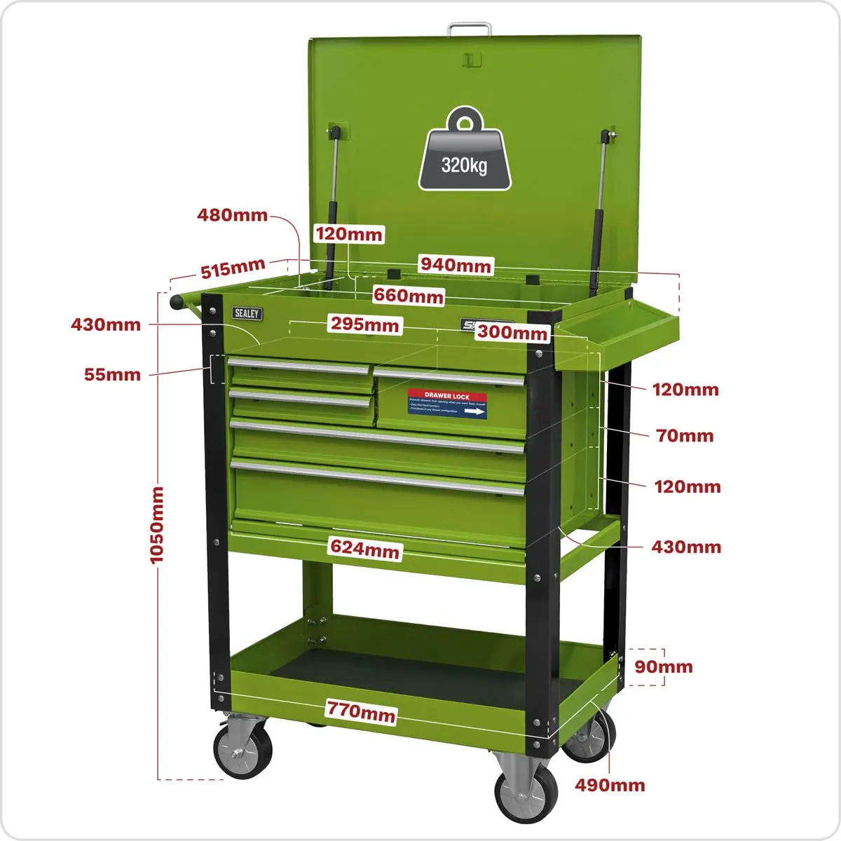 Sealey Superline Pro Heavy-Duty Mobile Tool & Parts Trolley with 5 Drawers and Lockable Top- Hi-Vis Green - Image 2