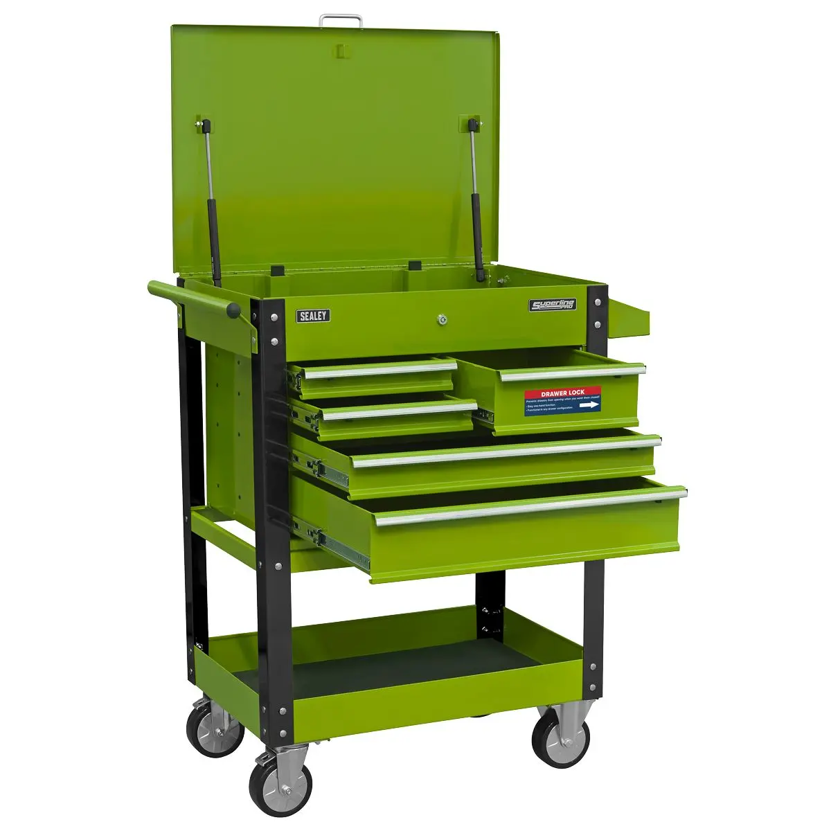 Sealey Superline Pro Heavy-Duty Mobile Tool & Parts Trolley with 5 Drawers and Lockable Top- Hi-Vis Green - Image 4