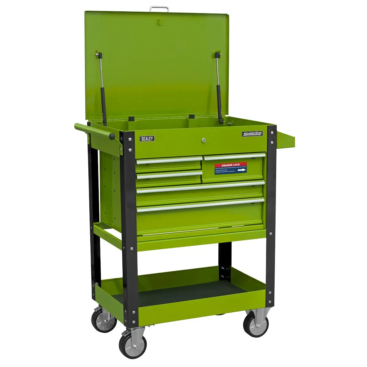 Sealey Superline Pro Heavy-Duty Mobile Tool & Parts Trolley with 5 Drawers and Lockable Top- Hi-Vis Green - Image 5