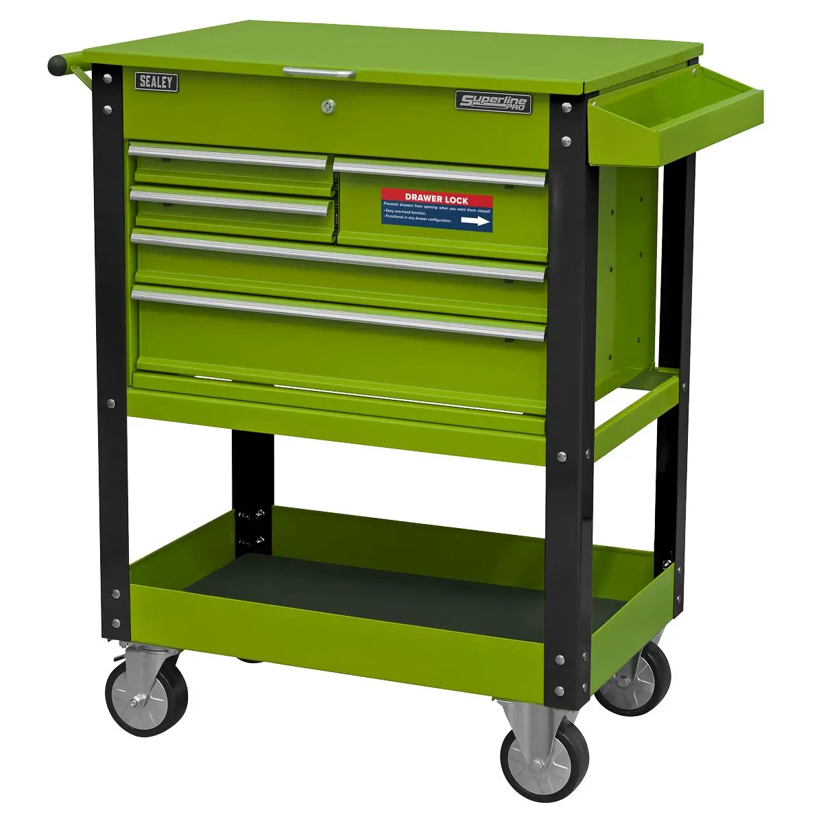 Sealey Superline Pro Heavy-Duty Mobile Tool & Parts Trolley with 5 Drawers and Lockable Top- Hi-Vis Green - Image 6