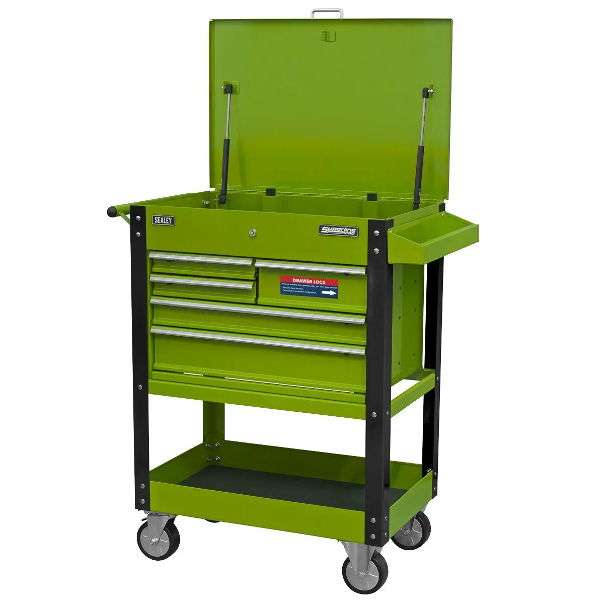Sealey Superline Pro Heavy-Duty Mobile Tool & Parts Trolley with 5 Drawers and Lockable Top- Hi-Vis Green - Image 7