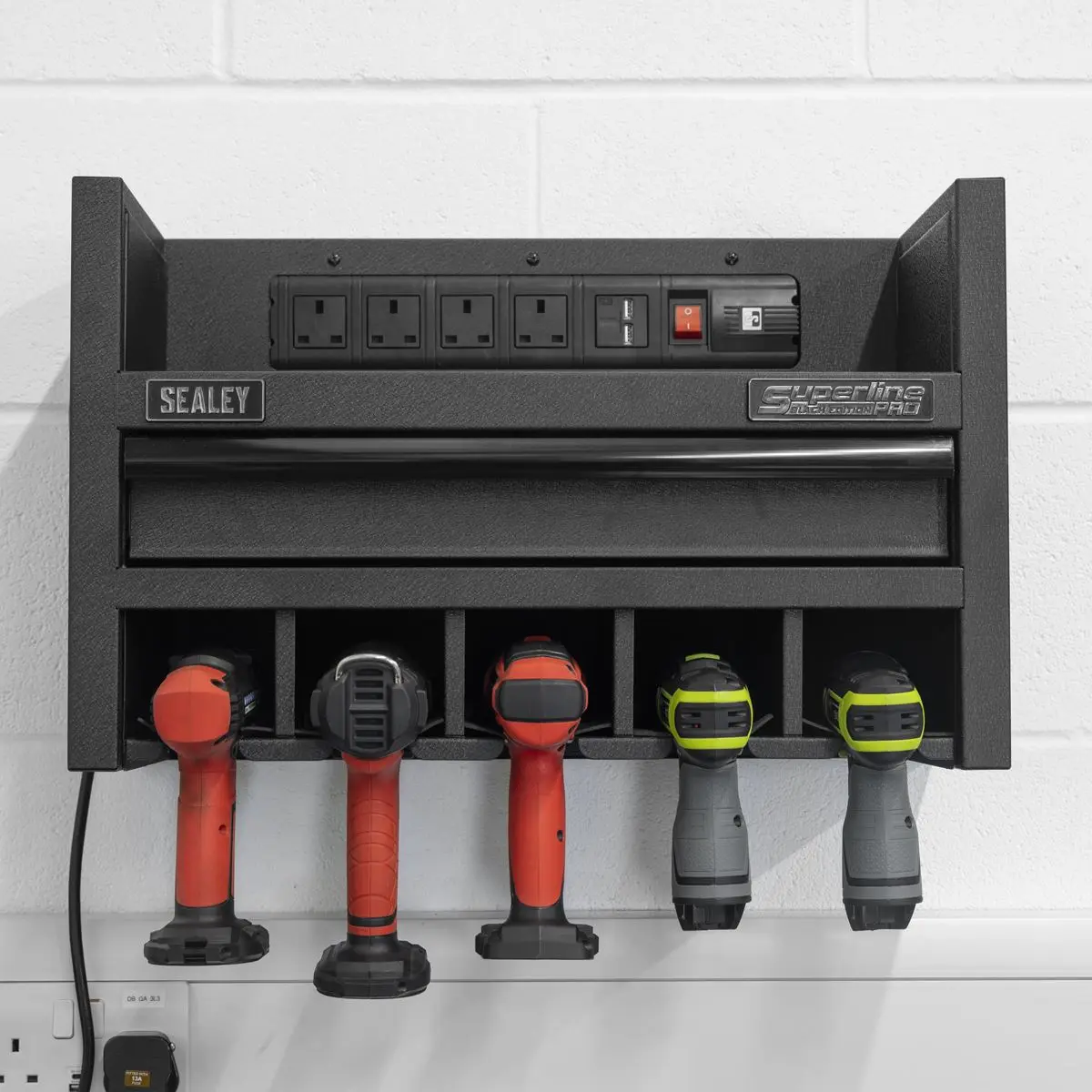 Sealey Superline Pro Power Tool Storage Rack with Drawer & Power Strip - Image 10