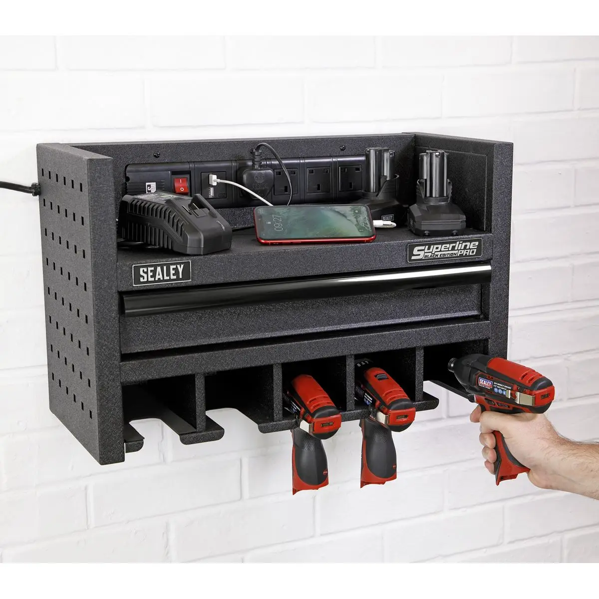 Sealey Superline Pro Power Tool Storage Rack with Drawer & Power Strip - Image 4