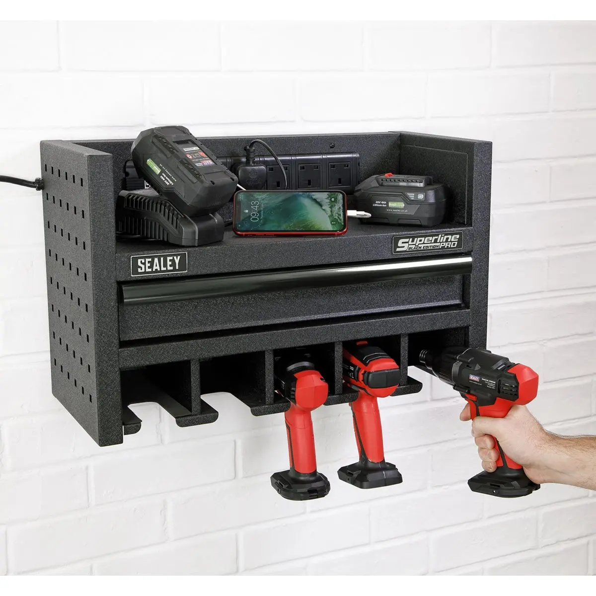 Sealey Superline Pro Power Tool Storage Rack with Drawer & Power Strip - Image 5