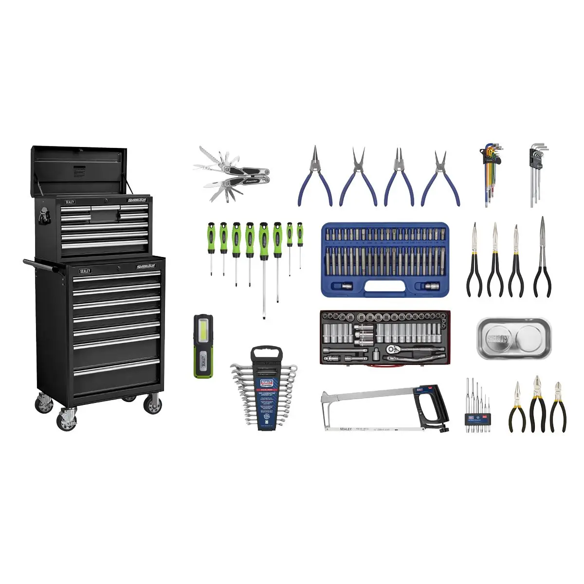 Sealey Superline Pro Topchest & Rollcab Combination 15 Drawer with Ball-Bearing Slides - Black & 148pc Tool Kit