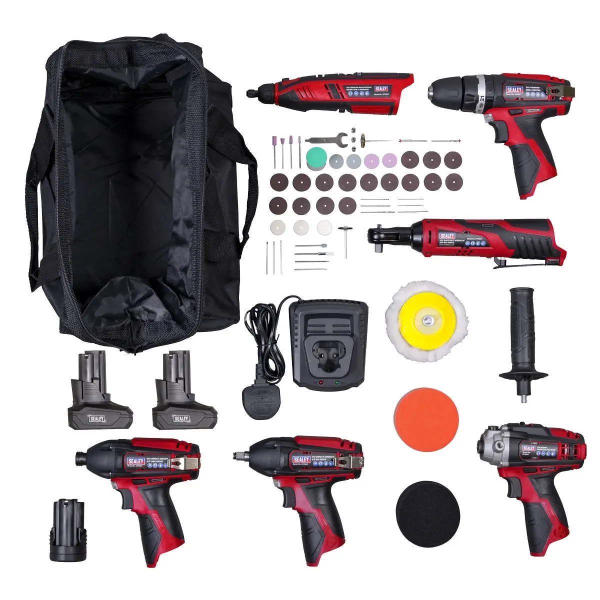 Sealey SV12 Series 6 x 12V Cordless Power Tool Kit - 3 Batteries - Image 12