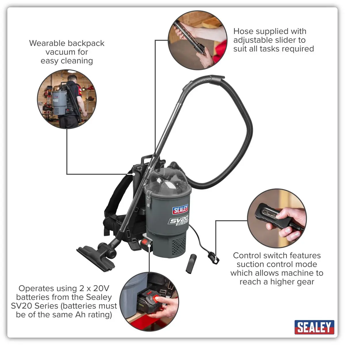 Sealey SV20 Series Backpack Vacuum Cleaner 40V - Body Only - Image 9