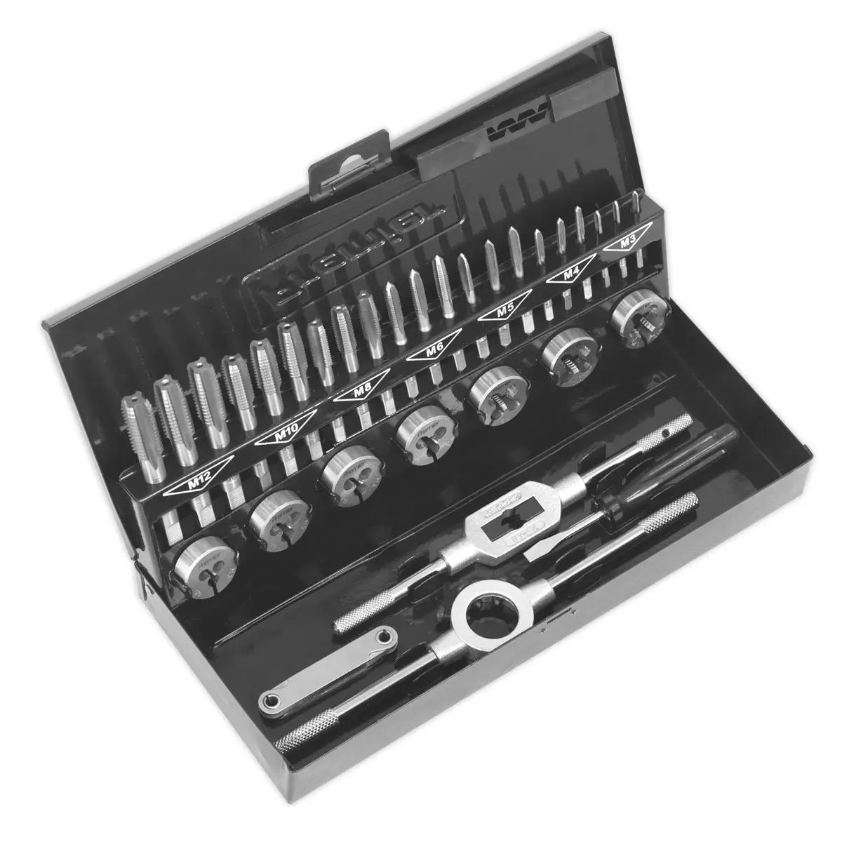 Sealey Tap and Die Set Metric 32 Piece Split Dies HSS 4341 M3-M12 Metal Case