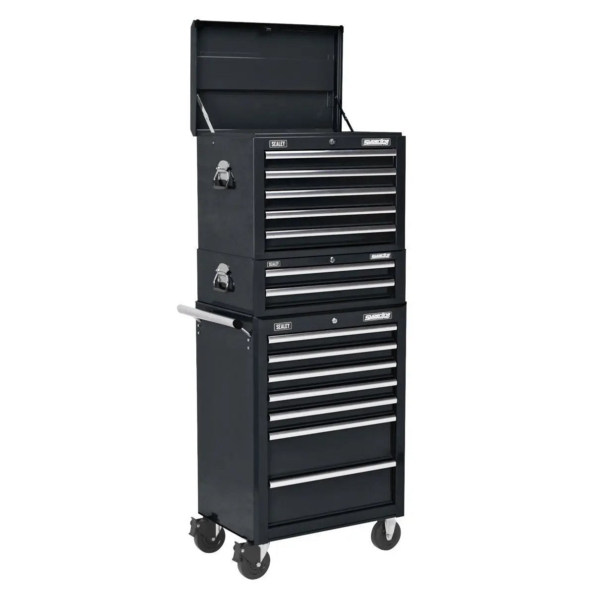 Sealey Superline Pro Topchest, Mid-Box Tool Chest & Rollcab Combination 14 Drawer with Ball-Bearing Slides - Black
