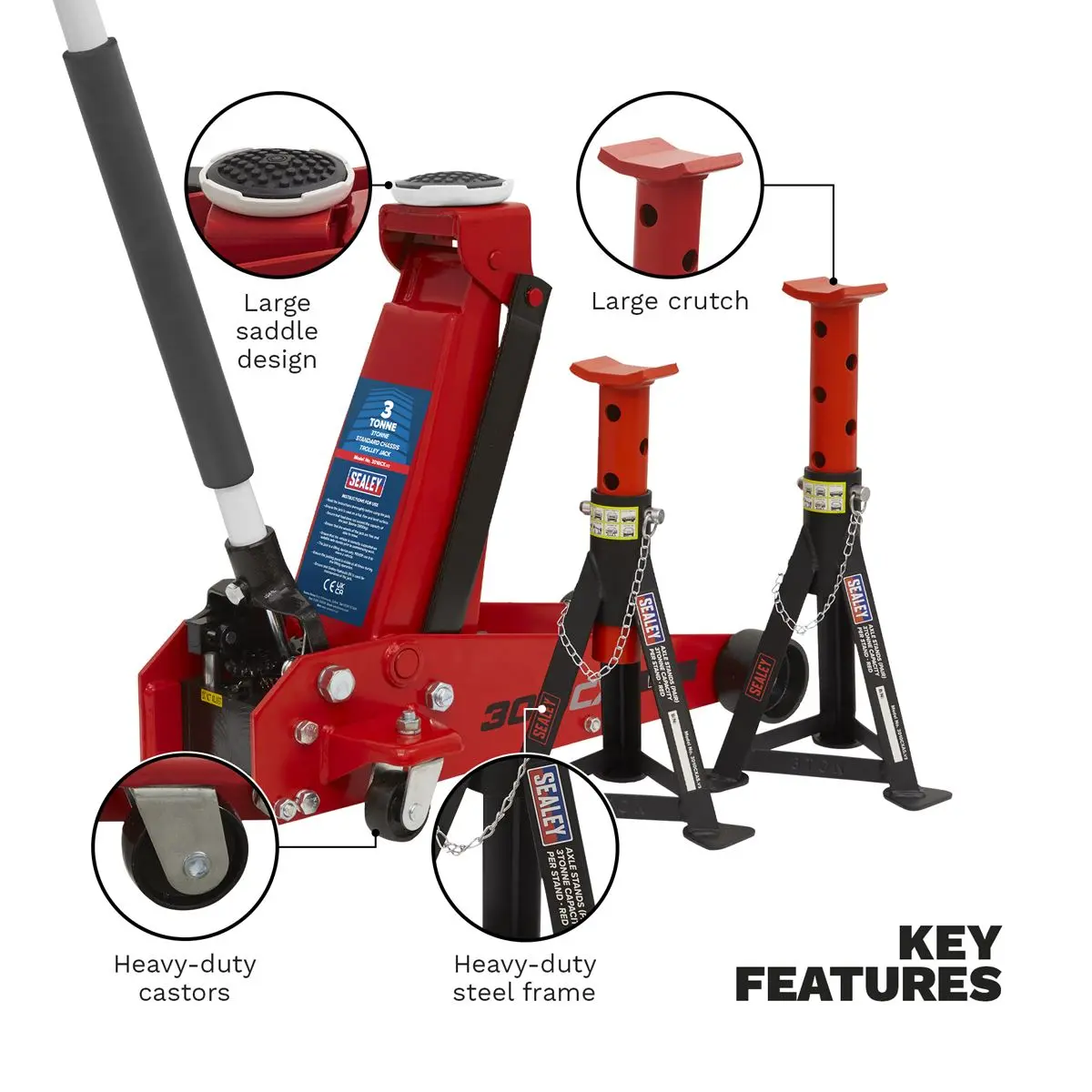 Sealey Standard Chassis Trolley Jack 3 Tonne with Axle Stands (Pair) 3 Tonne Capacity per Stand - Image 2
