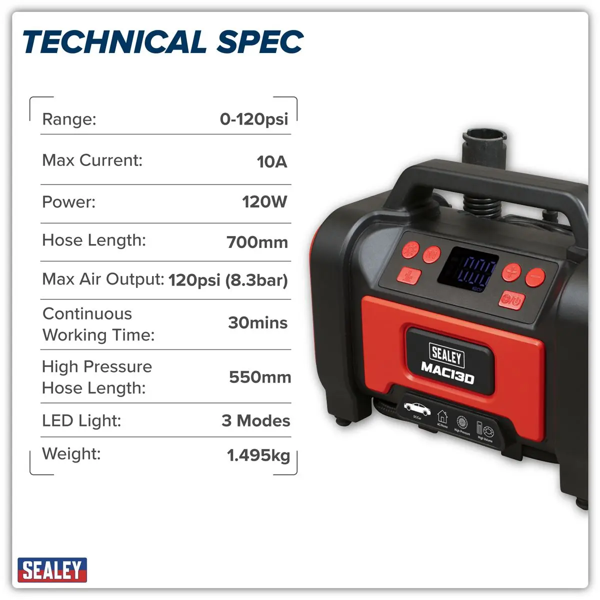Sealey Tyre Inflator & High-Volume Air Pump 12V/230V AC - Image 12