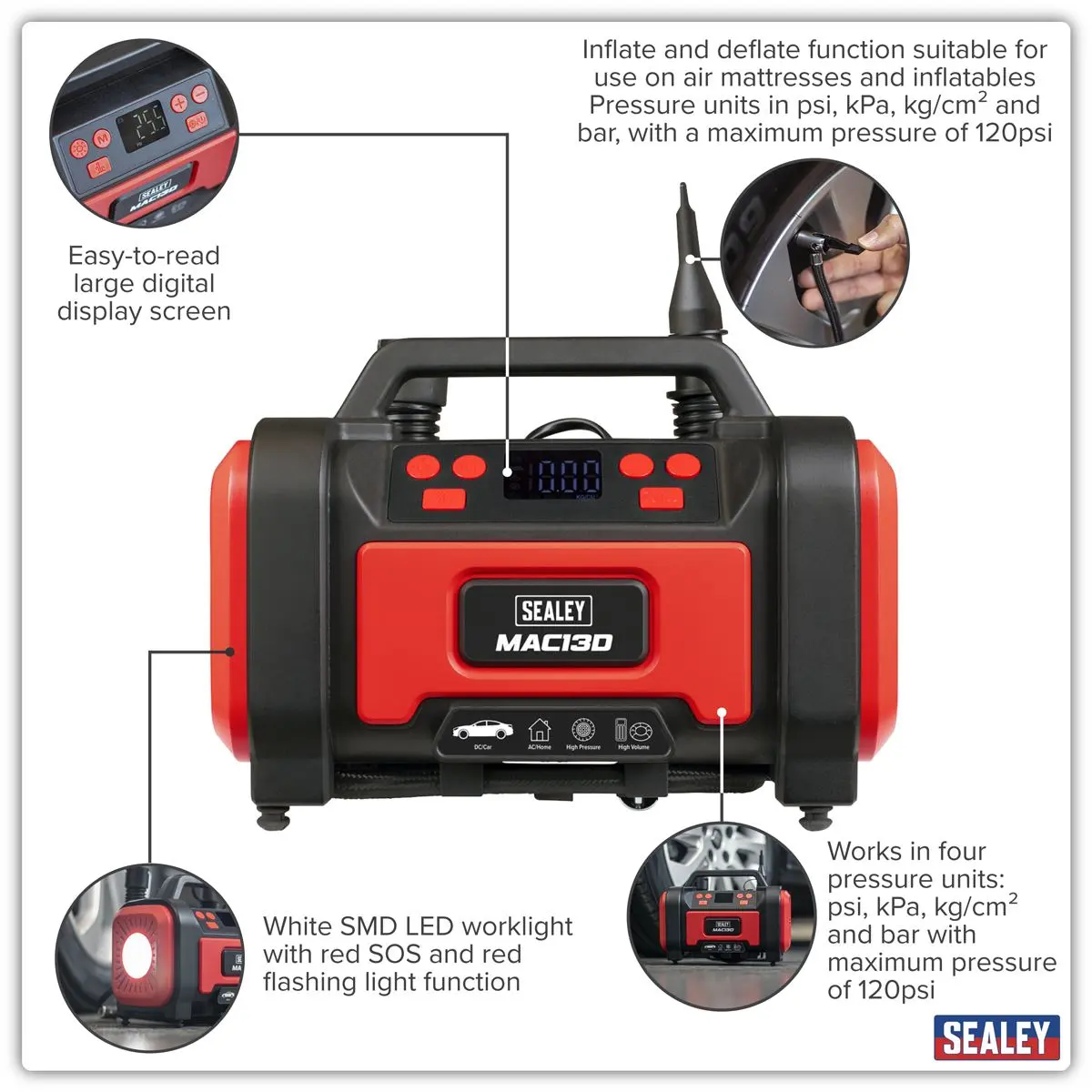 Sealey Tyre Inflator & High-Volume Air Pump 12V/230V AC - Image 15