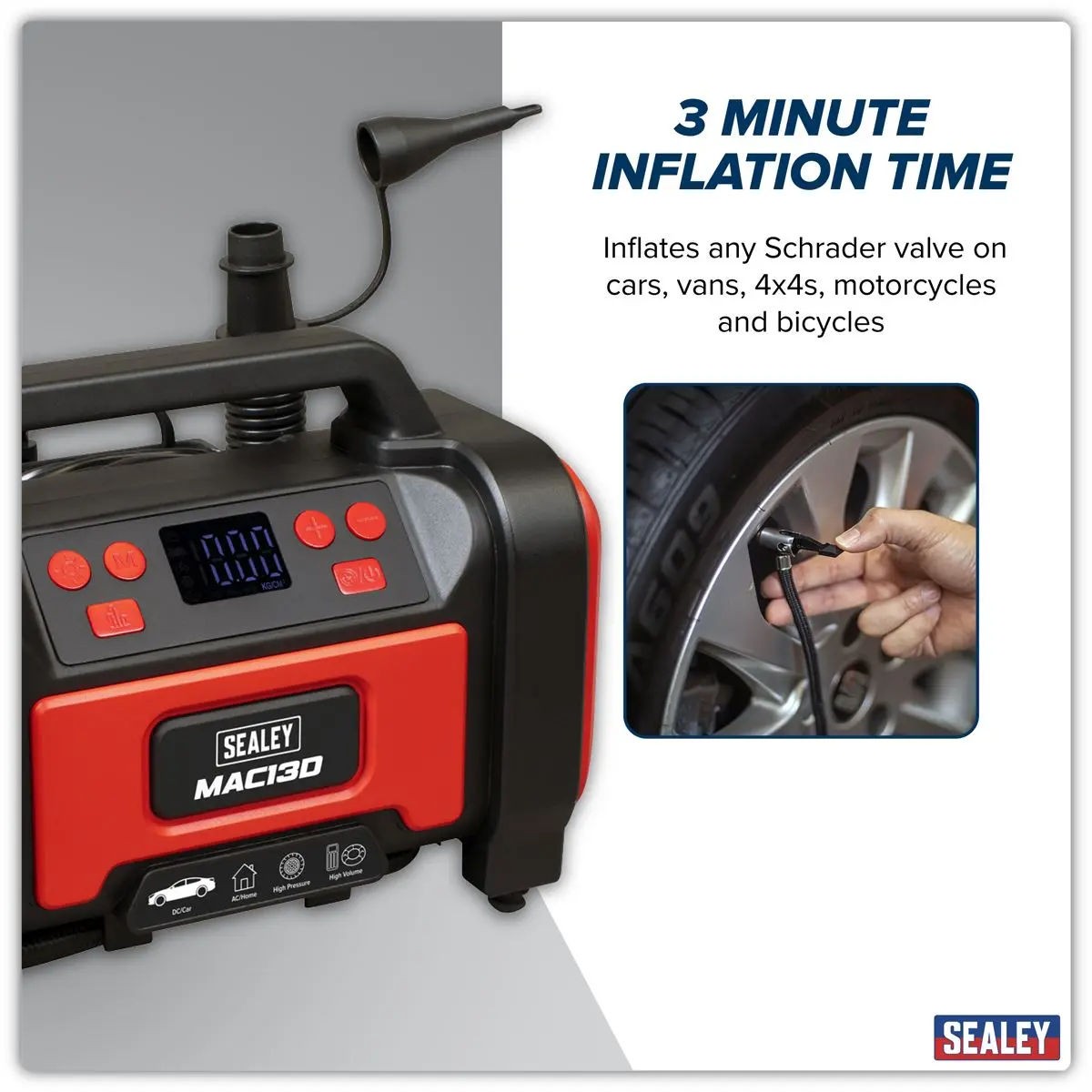 Sealey Tyre Inflator & High-Volume Air Pump 12V/230V AC - Image 16