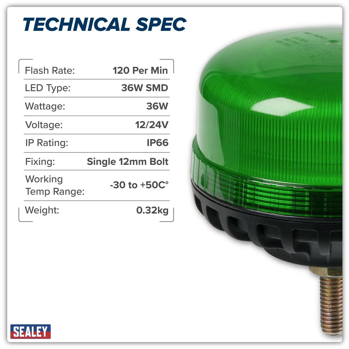 Sealey Warning Beacon SMD LED 12/24V 12mm Bolt Fixing - Green - Image 8
